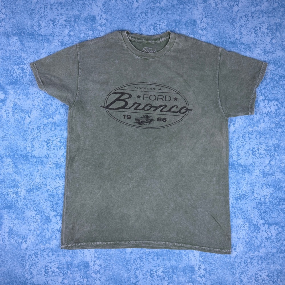Ford Bronco Built Wild Since 66 Graphic T-Shirt Green Mineral Wash Mens Medium